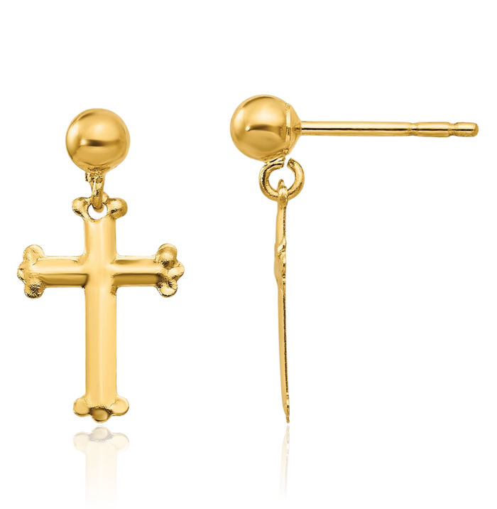 14K Solid Yellow Gold Hanging Holy Cross Christian Religious Drop Dangle Earrings