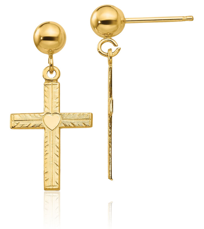 14K Solid Yellow Gold Hanging Holy Cross Christian Religious Drop Dangle Earrings