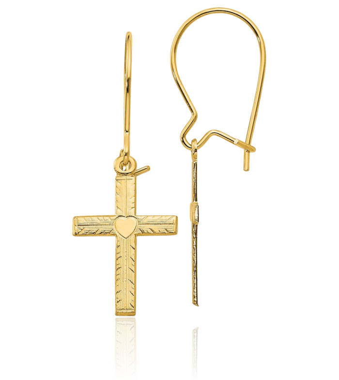 14K Solid Yellow Gold Hanging Holy Cross Christian Religious Drop Dangle Earrings