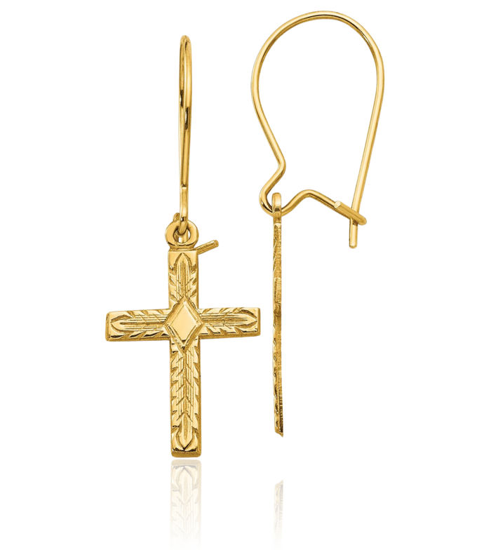 14K Solid Yellow Gold Hanging Holy Cross Christian Religious Drop Dangle Earrings