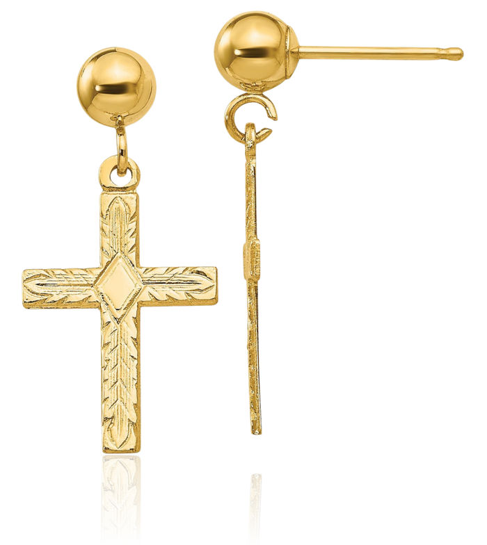 14K Solid Yellow Gold Hanging Holy Cross Christian Religious Drop Dangle Earrings