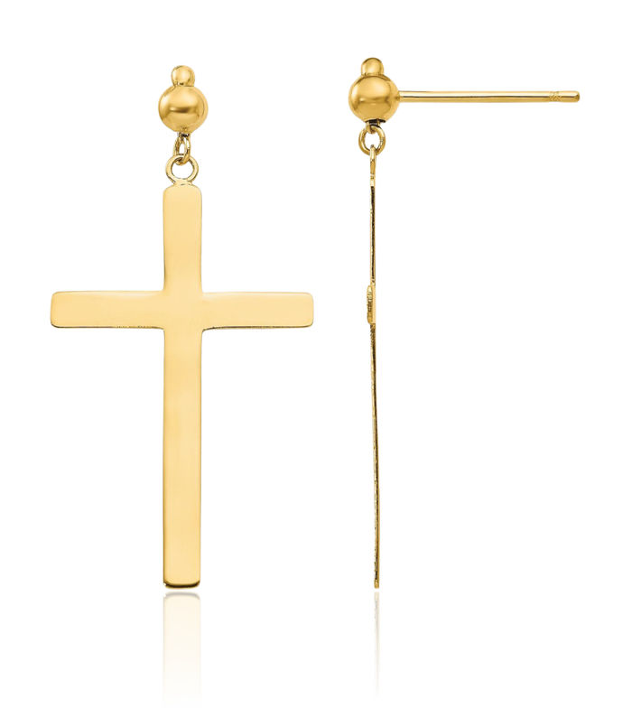 14K Solid Yellow Gold Hanging Holy Cross Christian Religious Drop Dangle Earrings