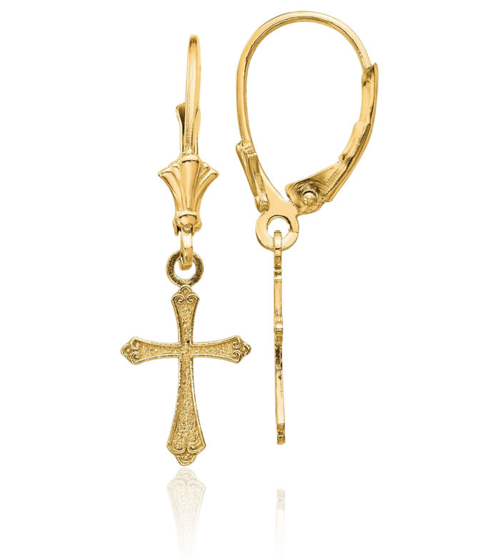 14K Solid Yellow Gold Hanging Holy Cross Christian Religious Drop Dangle Earrings