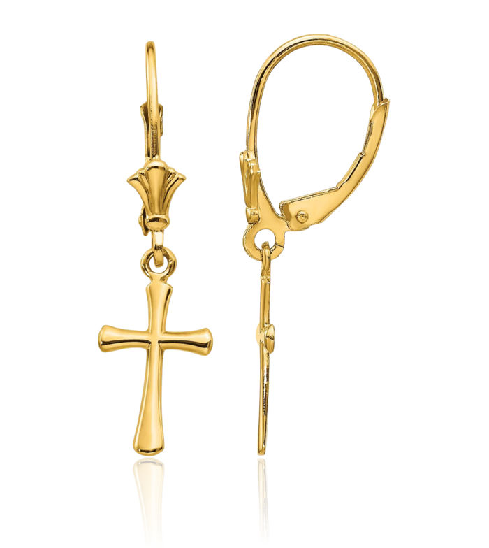 14K Solid Yellow Gold Hanging Holy Cross Christian Religious Drop Dangle Earrings