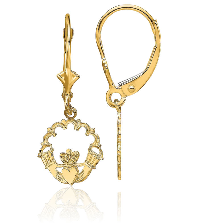 14K Solid Yellow Gold Heart Irish Claddagh Celtic Drop Dangle Earrings Jewelry