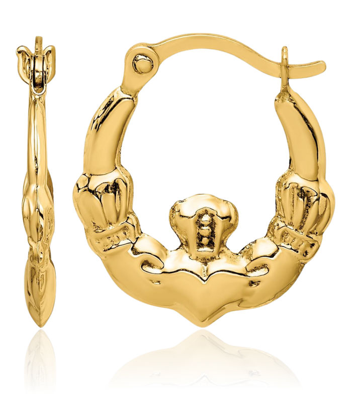 14K Solid Yellow Gold Heart Irish Claddagh Celtic Hoop Earrings Jewelry