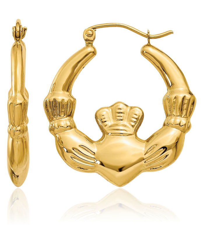 14K Solid Yellow Gold Heart Irish Claddagh Celtic Medium Hoop Earrings Jewelry