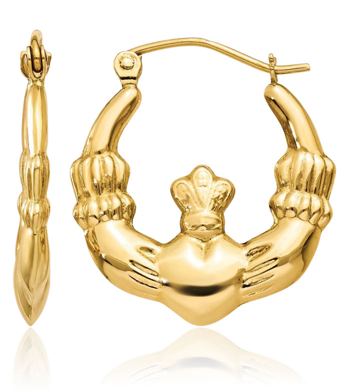 14K Solid Yellow Gold Heart Irish Claddagh Celtic Medium Hoop Earrings Jewelry