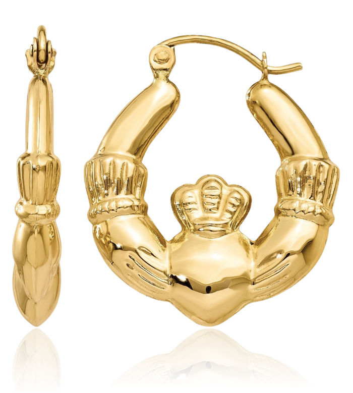 14K Solid Yellow Gold Heart Irish Claddagh Celtic Medium Hoop Earrings Jewelry