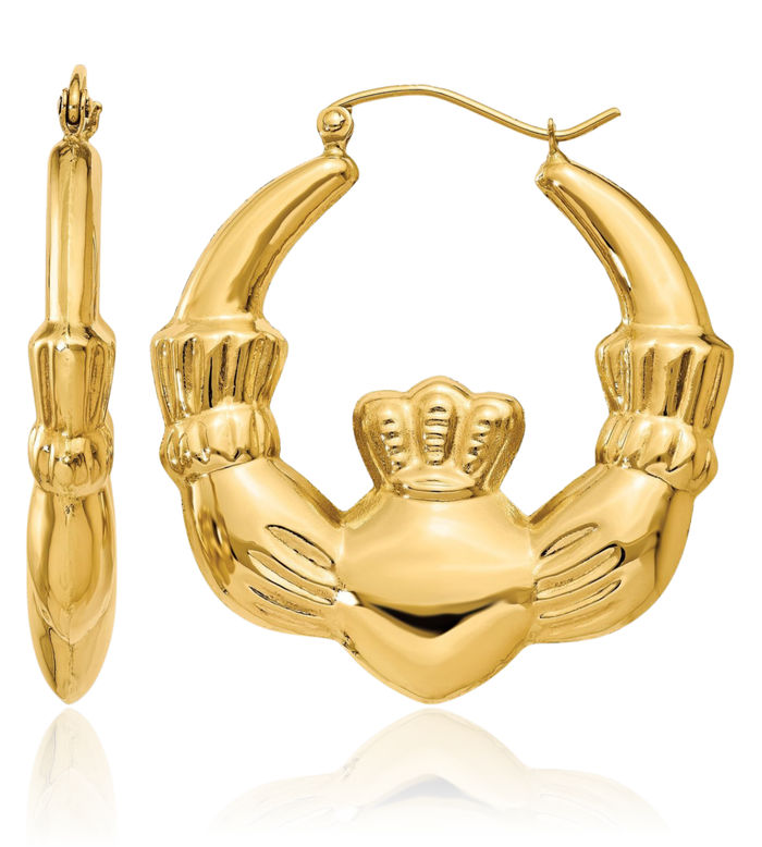 14K Solid Yellow Gold Heart Irish Claddagh Celtic Medium Hoop Earrings Jewelry