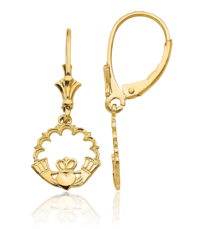 14K Solid Yellow Gold Heart Irish Claddagh Celtic Circle Round Drop Dangle Earrings Jewelry