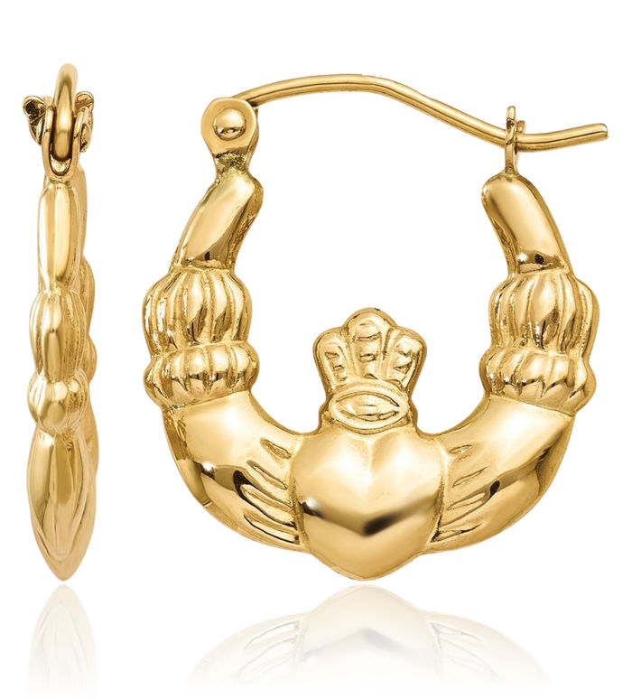 14K Solid Yellow Gold Heart Irish Claddagh Celtic Small Hoop Earrings Jewelry
