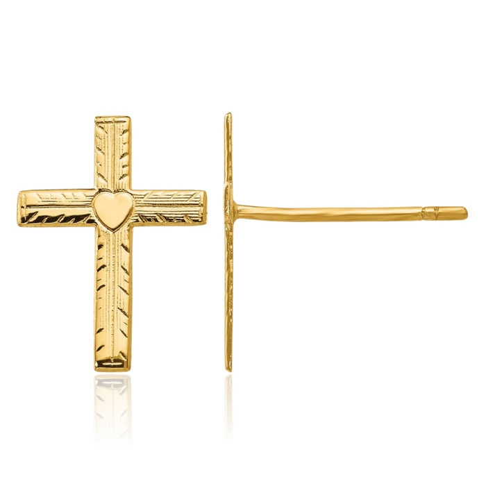 14K Solid Yellow Gold Heart Holy Cross Drop Dangle Christian Religious Stud Earrings