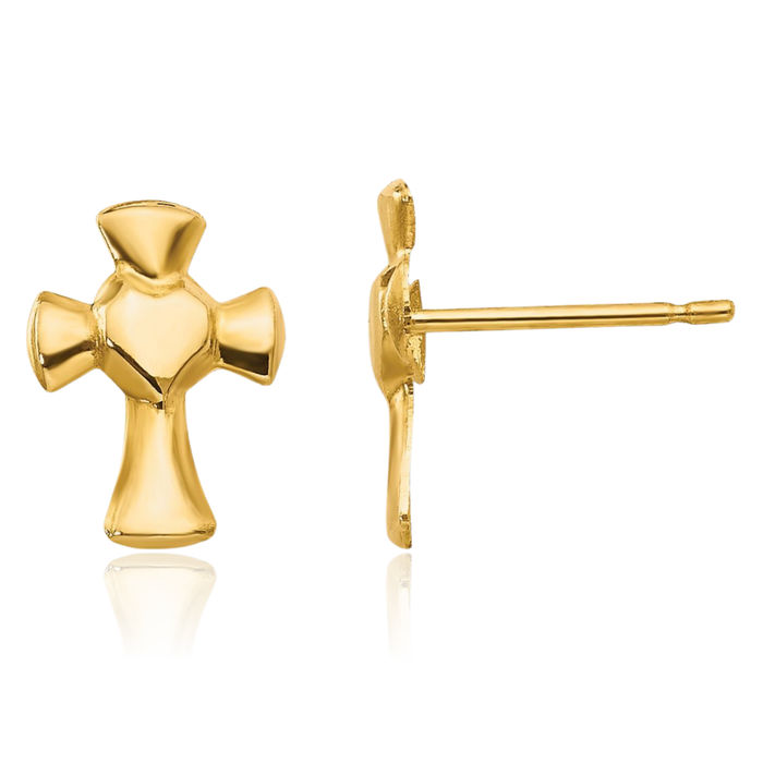 14K Solid Yellow Gold Heart Holy Cross Drop Dangle Christian Religious Stud Earrings