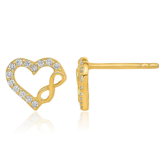 14K Solid Yellow Gold Heart Infinity Twisted Love Knot Symbol Sign Cubic Zirconia CZ Stud Earrings