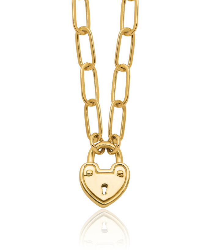 14K Solid Yellow Gold Heart Lock Charm Paperclip Cable Rolo Link Chain Necklace