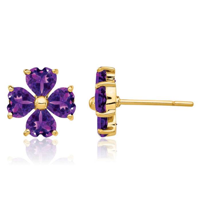 14K Solid Yellow Gold Heart Shaped Purple Amethyst Flower Stud Earrings February Birthstone Jewelry