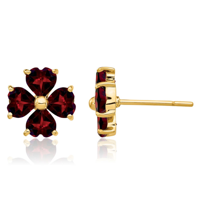 14K Solid Yellow Gold Heart Shaped Red Garnet Flower Stud Earrings January Birthstone Jewelry