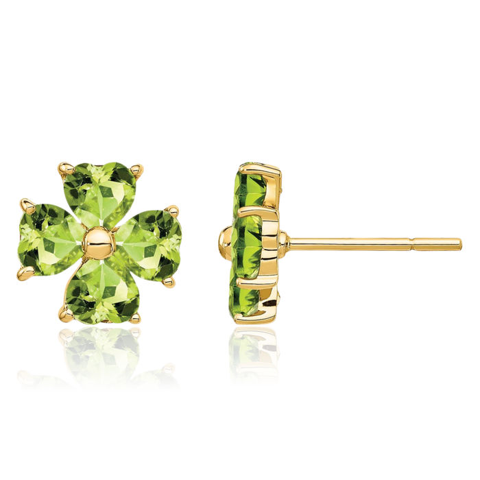 14K Solid Yellow Gold Heart Shaped Green Peridot Flower Stud Earrings August Birthstone Jewelry