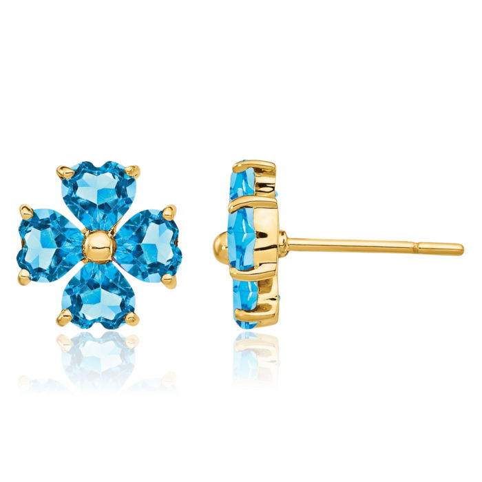 14K Solid Yellow Gold Heart Shaped Swiss Blue Topaz Flower Stud Earrings December Birthstone Jewelry