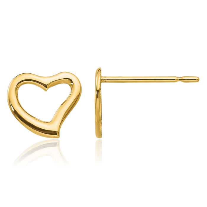 14K Solid Yellow Gold Heart Stud Earrings