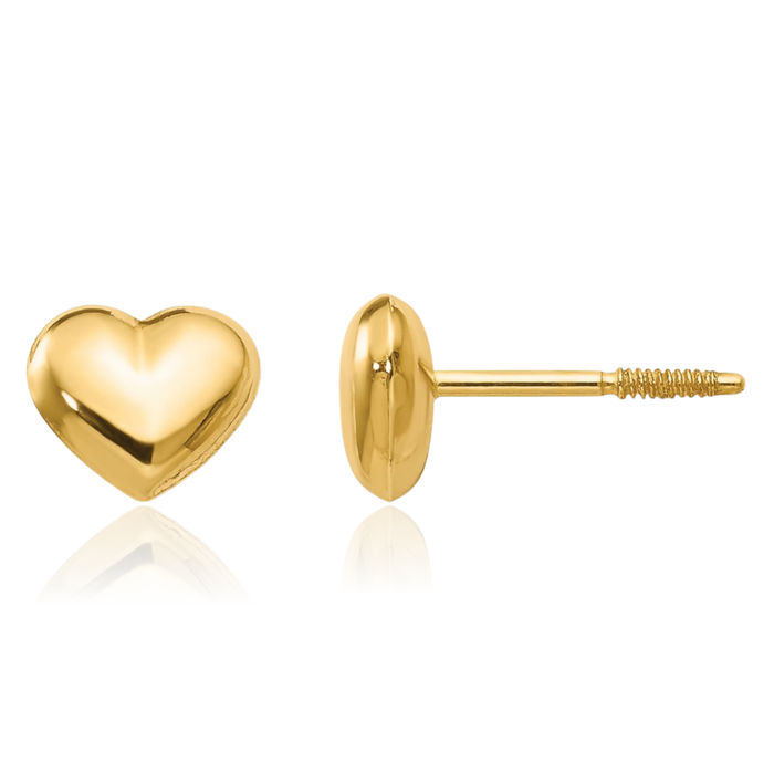 14K Solid Yellow Gold Heart Stud Earrings