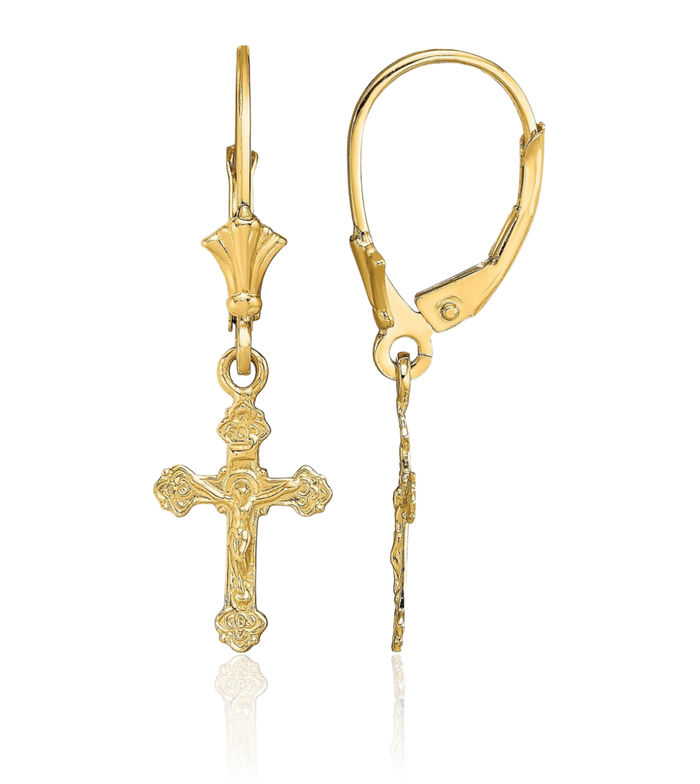 14K Solid Yellow Gold Lord Jesus Christ Crucifix Holy Hanging Cross Christian Religious Drop Dangle Earrings
