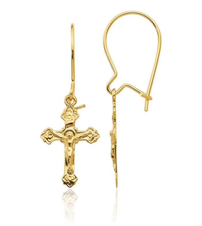 14K Solid Yellow Gold Lord Jesus Christ Crucifix Holy Hanging Cross Christian Religious Drop Dangle Earrings