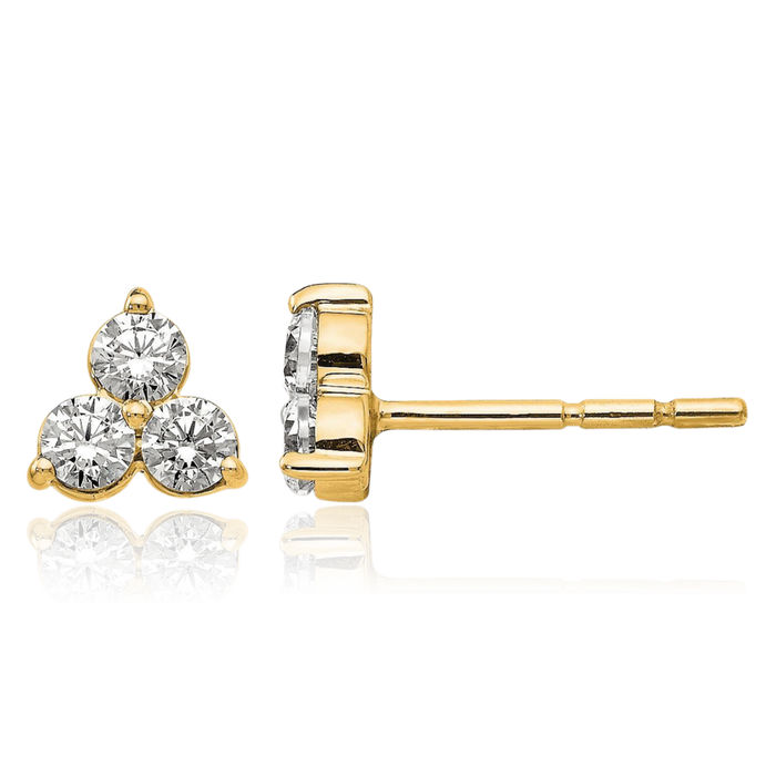 14K Solid Yellow Gold Lab Diamond 3 Stone Post Stud Earrings