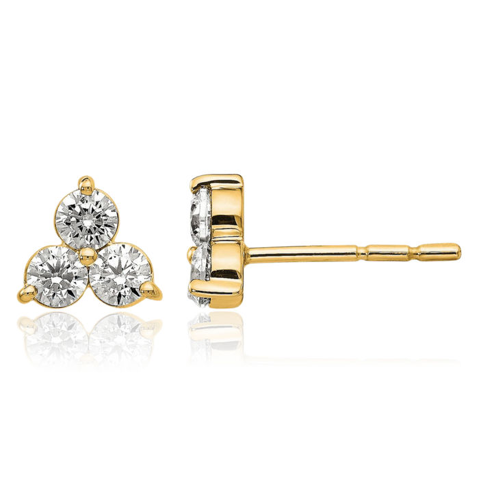 14K Solid Yellow Gold Lab Diamond 3 Stone Post Stud Earrings