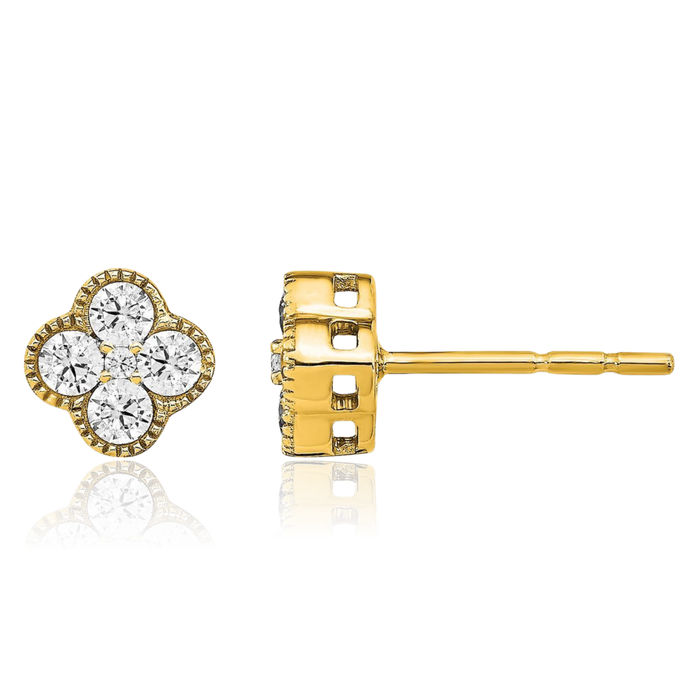 14K Solid Yellow Gold Lab Diamond Bloom Flower Stud Earrings