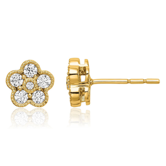 14K Solid Yellow Gold Lab Diamond Flower Stud Earrings