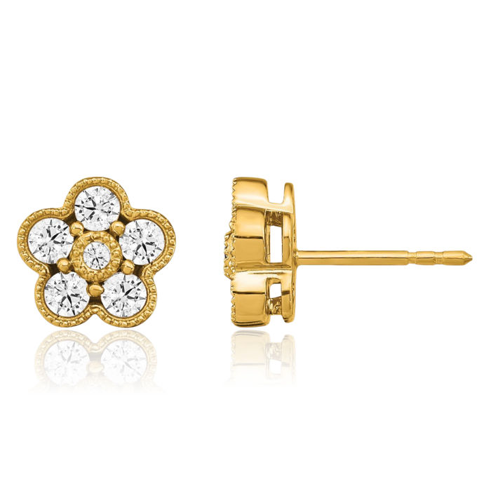 14K Solid Yellow Gold Lab Diamond Flower Stud Earrings