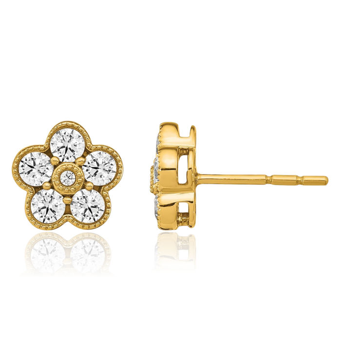 14K Solid Yellow Gold Lab Diamond Flower Stud Earrings