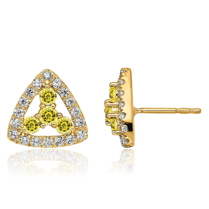 14K Solid Yellow Gold Lab Diamond Sapphire Triangle Studs Gemstone Earrings