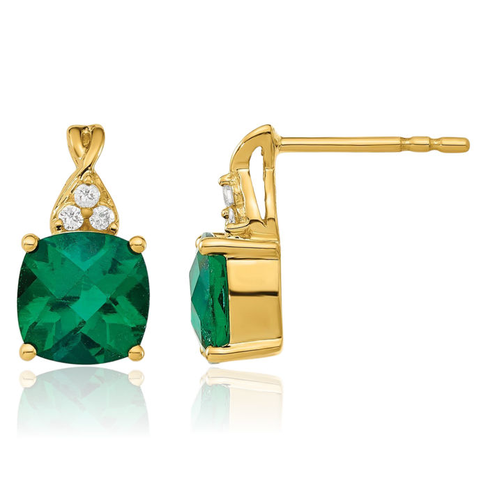 14K Solid Yellow Gold Lab Green Emerald Diamond Drop Dangle Earrings May Birthstone Jewelry