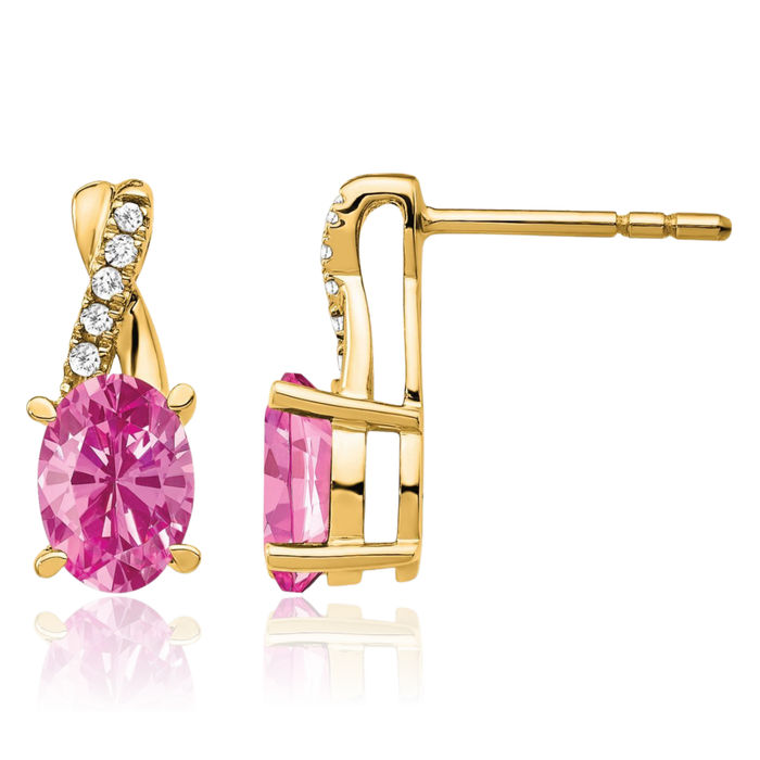 14K Solid Yellow Gold Lab Pink Sapphire Diamond Drop Dangle Earrings Gemstone Post Push Back October Birthstone Jewelry