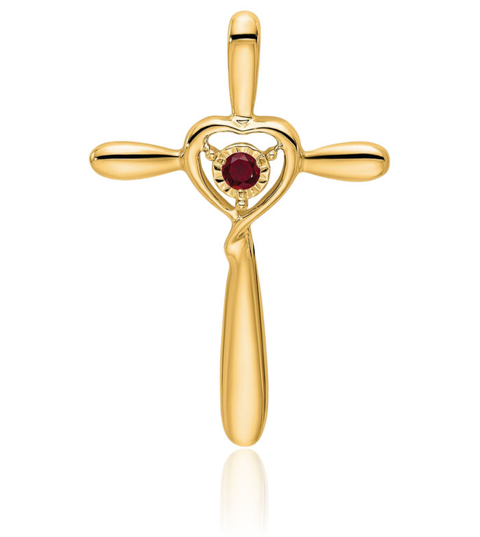 14K Solid Yellow Gold Lab Red Ruby Holy Cross Heart Floating Chain Slide Pendant Necklace Gemstone Charm July Birthstone Jewelry