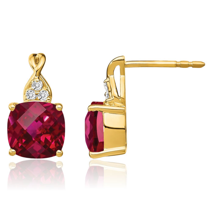 14K Solid Yellow Gold Lab Red Ruby Diamond Drop Dangle Earrings July Birthstone Jewelry