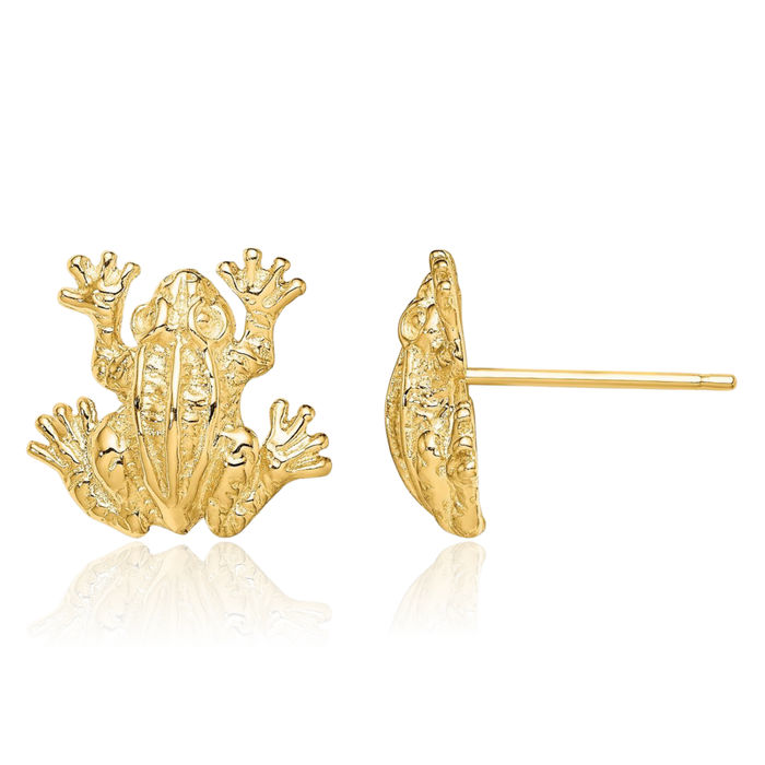 14K Solid Yellow Gold Leap Frog Stud Earrings