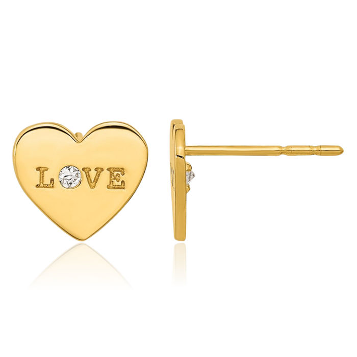 14K Solid Yellow Gold Love Cubic Zirconia CZ Heart Stud Earrings