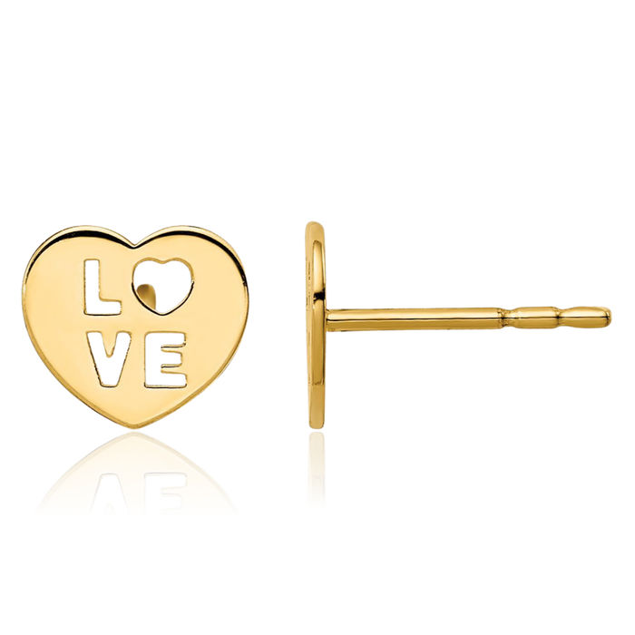 14K Solid Yellow Gold Love Heart Stud Earrings