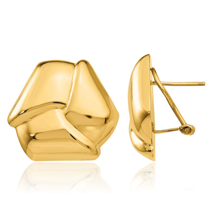 14K Solid Yellow Gold Twisted Love Knot Symbol Omega Clip Back Post Stud Earrings