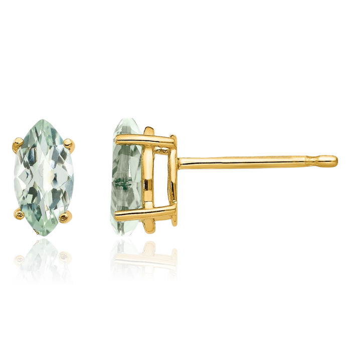 14K Solid Yellow Gold Marquise Checker Cut Green Quartz Studs Gemstone Earrings August Birthstone Jewelry