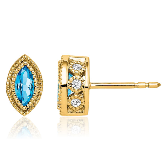 14K Solid Yellow Gold Marquise Swiss Blue Topaz Diamond Stud Earrings December Birthstone Jewelry