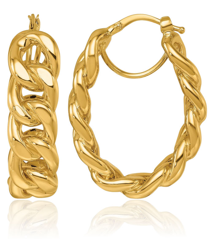 14K Solid Yellow Gold Medium Anchor Mariner Chain Link Oval Hoop Earrings