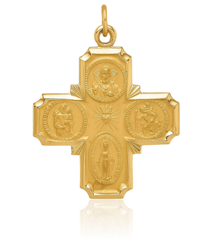 14K Solid Yellow Gold Medium Four Way Holy Cross Religious Medal Necklace Christian Pendant Scapular Charm