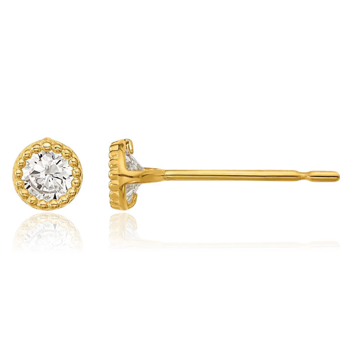 14K Solid Yellow Gold Milgrain Cubic Zirconia CZ Stud Earrings