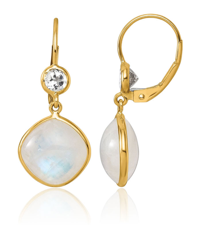 14K Solid Yellow Gold Moonstone White Topaz Drop Dangle Earrings Gemstone