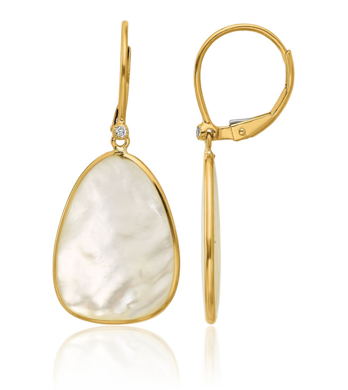 14K Solid Yellow Gold Mother of Pearl Diamond Drop Dangle Earrings Gemstone